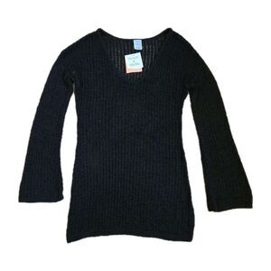 Shade & Shore Black Knit Beach Cover Up Long Sleeve Scoop Neck Women L 12-14 NWT